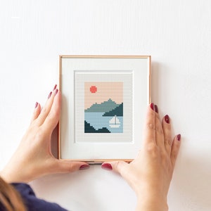 Modern Cross Stitch Pattern, LANDSCAPE Cross Stitch Pattern, boat Cross Stitch Pattern, river Cross Stitch Pattern, xstitch Chart, minimal