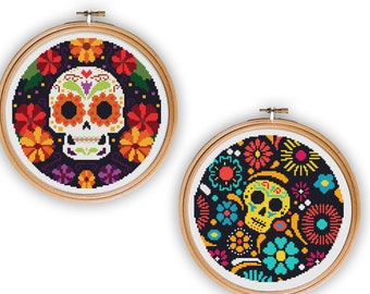 Set of 2 Patterns ,skull Cross Stitch Pattern, Mexican Cross Stitch Pattern, Modern Cross Stitch Pattern, halloween embroidery, Mexican gift