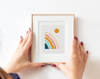 Mini rainbow cross stitch, Modern cross stitch pattern "Tiny boho rainbow"  Miniature art cross stitch, tiny cross stitch, small embroidery