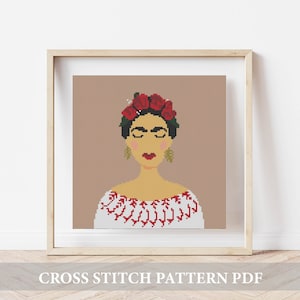 Frida patrón punto de cruz Frida Kahlo Diseño de bordado moderno Punto de cruz fácil Punto de cruz Boho Decoración de pared PDF tabla de puntos cuadrados, pdf