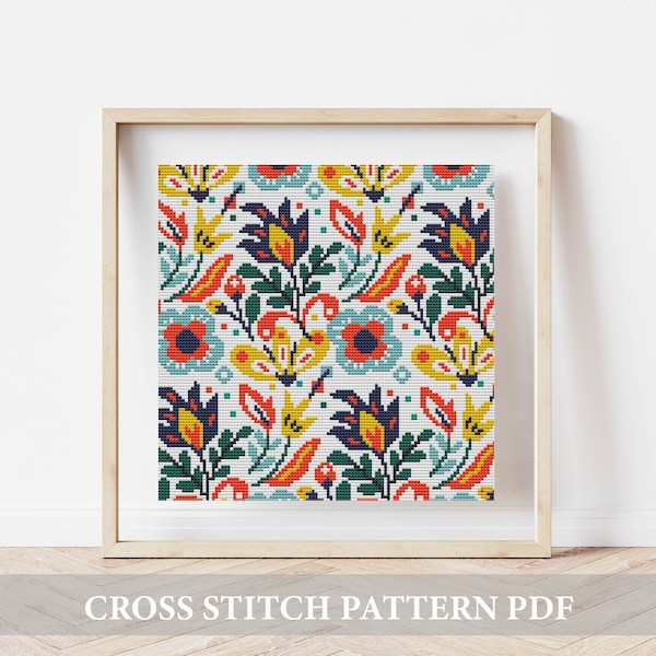 Folk Flowers Cross Stitch Pattern, modern cross stitch,  (Digital Download - PDF), Cross Stitch Chart , floral patterns, floral embroidery