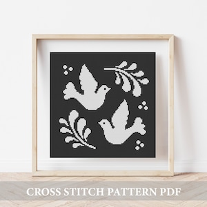 Dove of peace cross stitch pattern. birds cross stitch pattern. folk cross stitch. Animal cross stitch pattern. Monochrome cross stitch