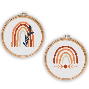Boho rainbow cross stitch pattern, celestial cross stitch, Modern cross stitch PDF,  easy Kids room x-stitch Earth tone Easy cross stitch