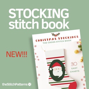 Pode incluir: Uma capa de livro com fundo branco e uma meia de Natal vermelha e verde com um rosto de Papai Noel nela. O título do livro é "Christmas Stockings: The Cross Stitch Book" e contém 30 gráficos fáceis.