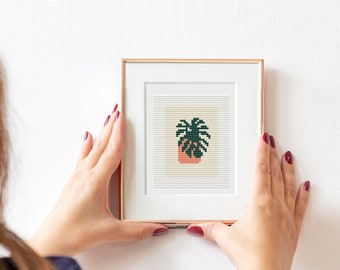 Wzór haftu krzyżykowego MINI Monstera w formacie PDF - Haft Monstera - Pobierz natychmiast - Mały haft krzyżykowy, drobny haft krzyżykowy, haft miniaturowych roślin