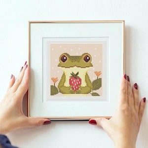 Mini frog cross stitch pattern, strawberry frog stitch decor, cute frog Pattern, cottage core,Toad Cross Stitch,Frog lover gift, needlepoint