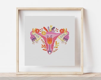 Uterus cross stitch, uterus pattern, Floral uterus, Anatomical cross stitch ,woman cross stitch, Science cross stitch ,Medical Needlepoint