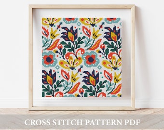 Folk Flowers Cross Stitch Pattern, modern cross stitch,  (Digital Download - PDF), Cross Stitch Chart , floral patterns, floral embroidery