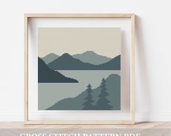 Landscape Modern Cross Stitch Pattern, nature counted cross stitch chart, square landscape mountain, forest , embroidery, INSTANT DOWNLOAD