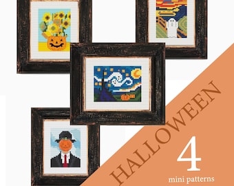 HALLOWEEN SPECIAL SET! mini cross stitch patterns, mini masterpieces, small art, halloween decor, halloween gifts, ghost xstitch, pumpkins