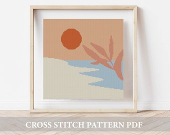 Mountain cross stitch pattern, chart pdf pattern, landscape cross stitch, minimalist cross stitch, nature cross stitch, sunset cross stitch