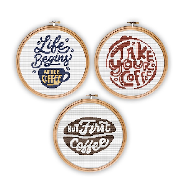 Set of 3 Patterns But First Coffee Cross Stitch Pattern, coffee Cross Stitch Pattern, Modern Cross Stitch, coffee embroidery, coffee chart,