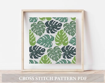 Monstera Leaf Cross Stitch Pattern: Modern stitching chart (PDF) easy plant design