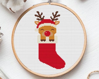 Christmas Stocking Cross Stitch Pattern, Reindeer, Modern Holiday Chart (PDF Download)