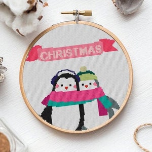 Penguins cross stitch pattern,Christmas Decor wall art, instant Download PDF Cross Stitch pattern, christmas sew patterns, PDF pattern Xmas