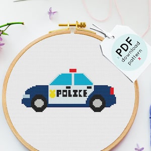 Police cross stitch pattern, boys cross stitch chart, modern cross stitch pattern, police car, kids room, nursery, easy cross stitch, PDF