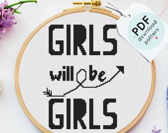Patrón de punto de cruz "Girls Will Be Girls", decoración para habitación infantil (PDF)