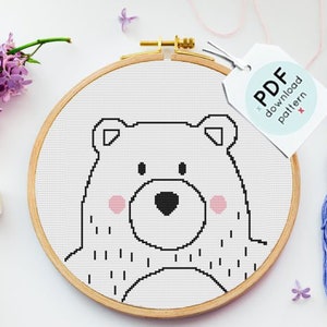 Nursery Bear Cross Stitch Pattern, Bear Embroidery, Black and White Cross Stitch, Minimalist, Beginner cross stitch, baby cross stitch, TSP