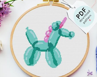 Balloon Unicorn Cross Stitch Pattern, Funny Animal Embroidery PDF, Kids Needlepoint Craft