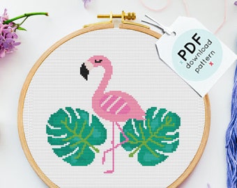 Flamingo cross stitch, tropical cross stitch pattern, modern cross stitch, easy pattern, PDF, instant download, great for beginners, kids