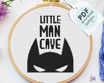 Little Man Cave Cross Stitch Pattern, Superhero Bat Symbol, Boys Room Decor (PDF Download)