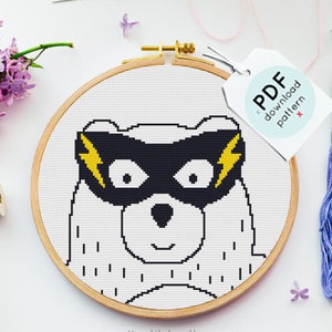 Superhero Bear Cross Stitch Pattern, Easy Embroidery (PDF Pattern)