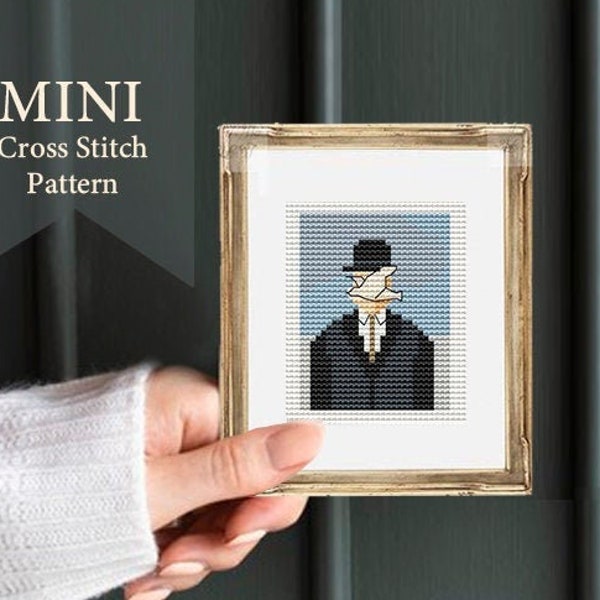 Man in a bowler Hat Mini cross stitch artwork cross stitch pattern PDF, small cross stitch,small  art,digital download,masterpieces Magritté