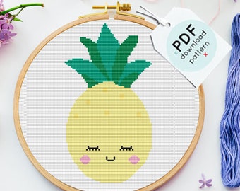 Kawaii Pineapple Cross Stitch Pattern, Modern Tropical Fruit (PDF Pattern)