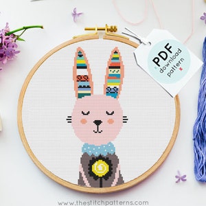 Modern Bunny Cross Stitch PDF Pattern, easy stitch, Instant Digital Download, girl Cross Stitch Pattern, Rabbit Cross Stitch Pattern, forest