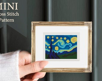 The Starry Night mini cross stitch pattern PDF, Van Gogh, small mini art, digital pattern, famous painting cross stitch, Hand embroidery art