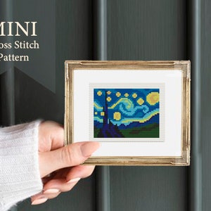 The Starry Night mini cross stitch pattern PDF, Van Gogh, small mini art, digital pattern, famous painting cross stitch, Hand embroidery art