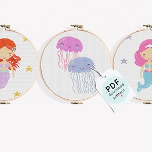 Mermaid set of 3, cross stitch patterns, Modern Cross Stitch , jellyfish cross stitch, Childrens Decor Nursery, Instant Download, embroidery