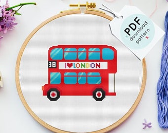 london bus cross stitch, boys Cross Stitch Pattern, pattern download, cross stitch PDF, London, Red Bus, contemporary cross stitch, PDF file