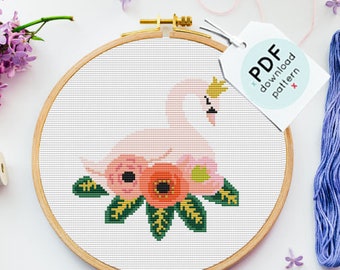 Floral Swan Cross Stitch Pattern, Nursery Ballerina Embroidery (PDF Download)