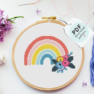 Rainbow Cross Stitch Pattern, floral rainbow Needlepoint Pattern, Counted Cross Stitch PDF, Modern Embroidery, Modern Cross Stitch, Rainbow