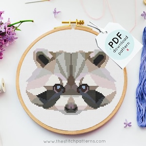 Geometric Raccoon Cross Stitch Pattern, Low Poly Animal PDF (Digital Download)