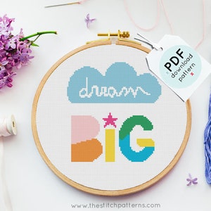 Dream big cross stitch pattern, rainbow cross stitch, New baby chart, Gender neutral nursery, cloud cross stitch, Cute quote pdf image 1