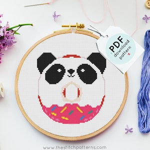 Donut Cross Stitch Patroon, panda donut, panda kruissteek, Leuke Keuken, Gemakkelijk Cross Stitch Chart, PDF-formaat, borduurdonut, stiksel