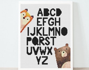 Woodland Alphabet Cross Stitch Pattern, Fox and Bear Theme (PDF Download)