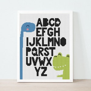 Modèle de point de croix de dinosaure « DINO ABC » Dino Alphabet point de croix, point de croix de chambre de bébé, modèle de point de croix, modèle de point de croix PDF
