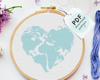 World Map Heart Cross Stitch Pattern, Embroidery PDF Download