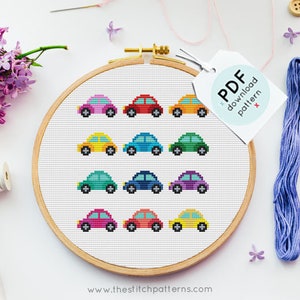 Cars cross stitch patterns, modern cross stitch pattern, rainbow cross stitch, kids room, nursery, easy cross stitch, PDF, instant download
