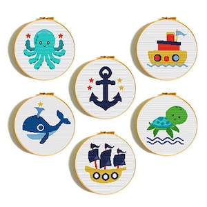 Padrão de ponto cruz de animais marinhos, conjunto de 6, xstitch de berçário náutico, gráfico de criaturas do oceano, ponto cruz de bebê novo, âncora, baleia, tartaruga