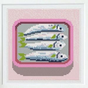Sardinhas em lata, ponto cruz em PDF, ponto cruz de peixe pastel, decoração náutica, gráfico de ponto marítimo, padrão fofo de frutos do mar, costeiro