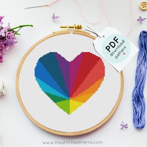 Modernes Kreuzstichmuster, Herz Regenbogen Kreuzstichmuster, Herz Kreuzstichmuster, moderne Wandkunst, Kreuzstich PDF, Stickdatei