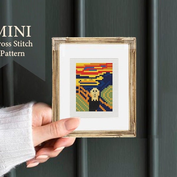 Der Schrei-Kreuzstichmuster Mini-Kreuzstich berühmtes Gemälde Edvard Munch, Kleines Kreuzstich-PDF, Meisterwerk-Muster, kleiner Stich