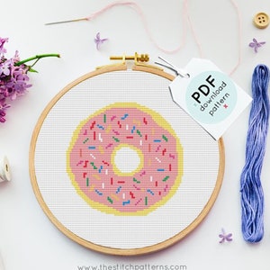 Donut Cross Stitch, ponk donut embroidery Pattern ,Doughnut cross stitch, Instant Download PDF, Frosted Donut Sprinkles, Sweet needle point
