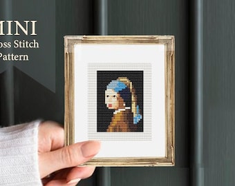 Mini masterpieces, cross stitch pattern tiny art,Girl with a Pearl Earring, Vermeer Famous art miniature painting cross stitch easy chart