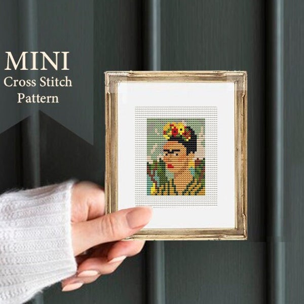 Frida Kahlo mini cross stitch, Miniature People, Modern Cross Stitch, Hand Embroidered Frida, tiny cross stitch, Gift For Artist, chart pdf