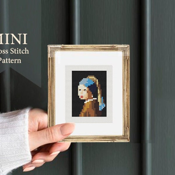 Mini masterpieces, cross stitch pattern tiny art,Girl with a Pearl Earring, Vermeer Famous art miniature painting cross stitch easy chart